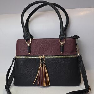 KKXiu Black and Burgundy Hand Bag Crossbody Satchel with Gold Accents